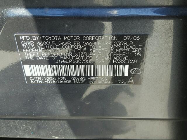 JTHBJ46G072051576 - 2007 LEXUS ES 350 GRAY photo 10