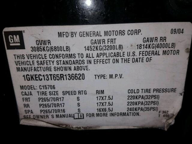 1GKEC13T65R136620 - 2005 GMC YUKON BLACK photo 10