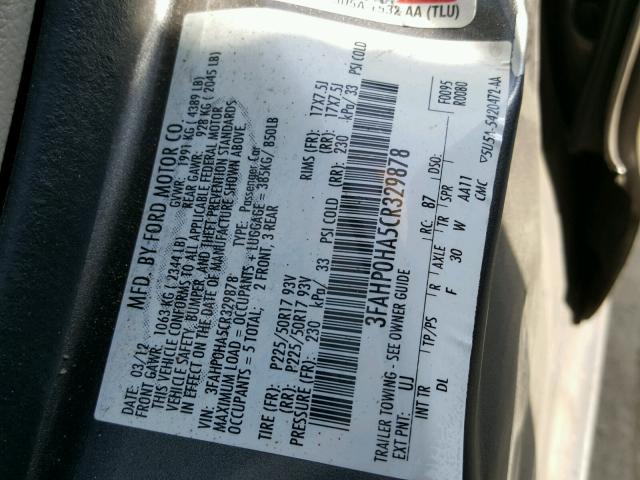 3FAHP0HA5CR329878 - 2012 FORD FUSION CHARCOAL photo 10