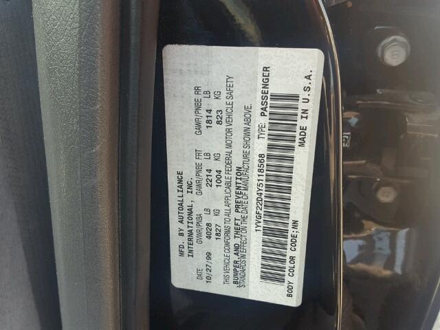 1YVGF22D4Y5118568 - 2000 MAZDA 626 ES BLACK photo 10