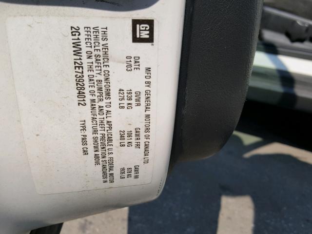 2G1WW12E739284012 - 2003 CHEVROLET MONTE CARL თეთრი ფოტო 10
