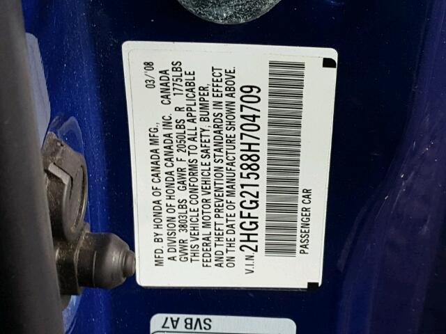 2HGFG21588H704709 - 2008 HONDA CIVIC SI BLUE photo 10