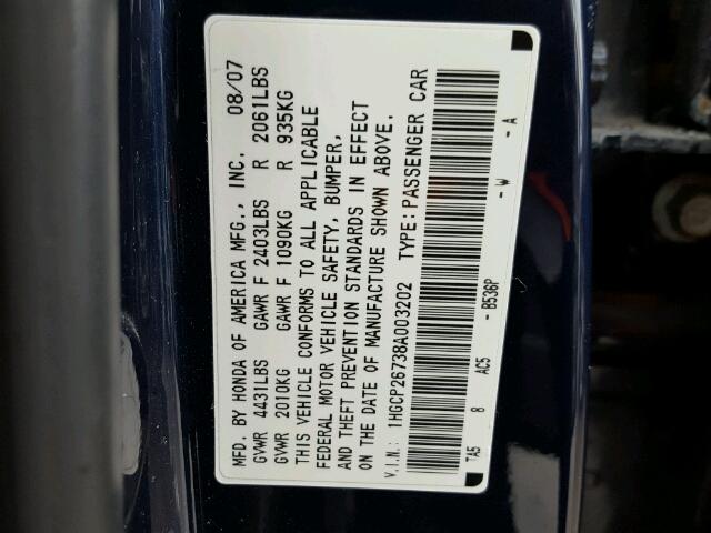 1HGCP26738A003202 - 2008 HONDA ACCORD BLUE photo 10