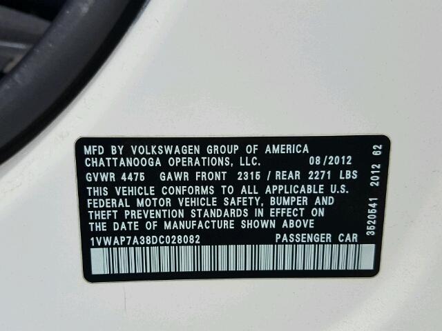 1VWAP7A38DC028082 - 2013 VOLKSWAGEN PASSAT S أبيض صورة 10