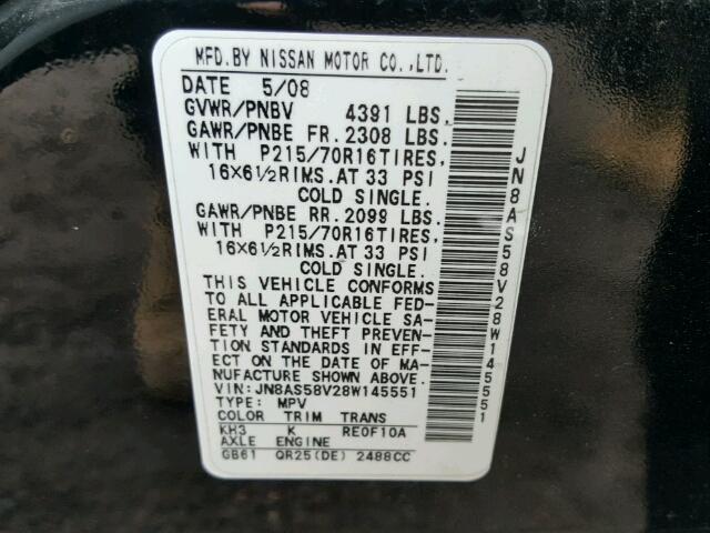 JN8AS58V28W145551 - 2008 NISSAN ROGUE BLACK photo 10