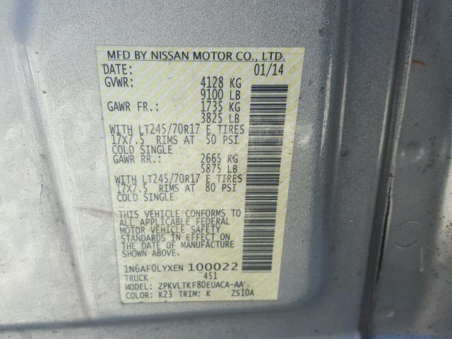 1N6AF0LYXEN100022 - 2014 NISSAN NV 2500 SILVER photo 10