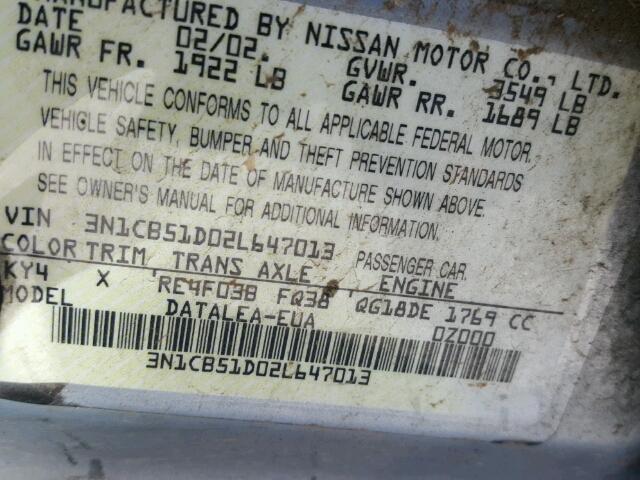 3N1CB51D02L647013 - 2002 NISSAN SENTRA XE SILVER photo 10