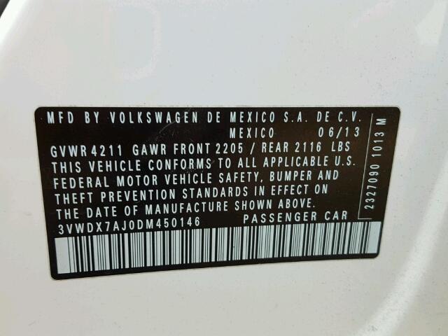 3VWDX7AJ0DM450146 - 2013 VOLKSWAGEN JETTA SE 白色 照片 10