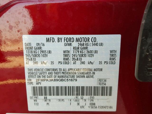 2FMPK3K89GBC51679 - 2016 FORD EDGE TITAN RED photo 10