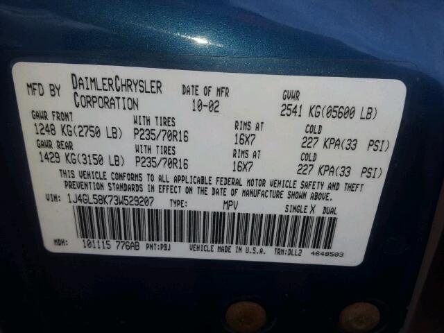 1J4GL58K73W529207 - 2003 JEEP LIBERTY LI BLUE photo 10