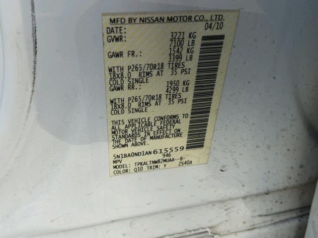 5N1BA0ND1AN615559 - 2010 NISSAN ARMADA SE WHITE photo 10