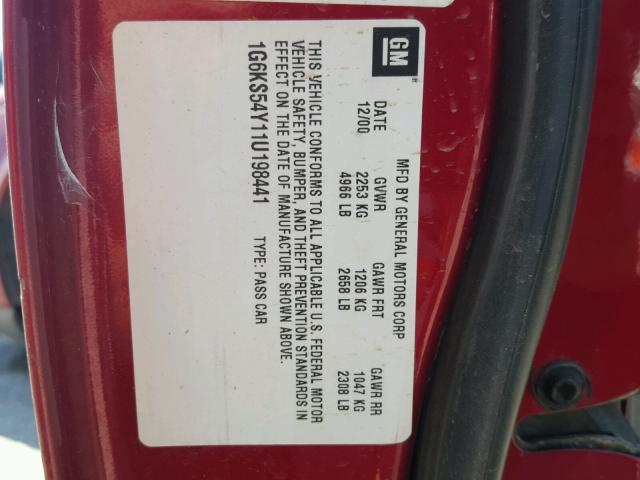 1G6KS54Y11U198441 - 2001 CADILLAC SEVILLE SL RED photo 10