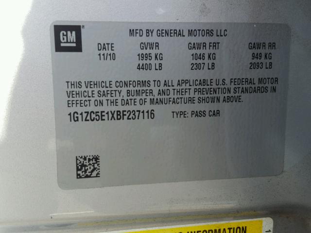 1G1ZC5E1XBF237116 - 2011 CHEVROLET MALIBU 1LT SILVER photo 10