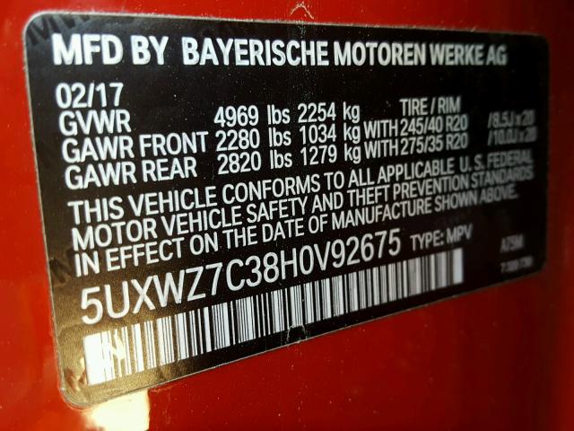 5UXWZ7C38H0V92675 - 2017 BMW X3 SDRIVE2 RED photo 10