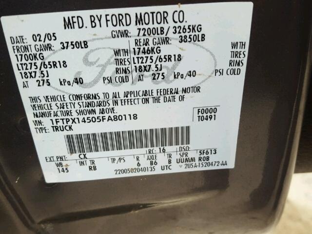 1FTPX14505FA80118 - 2005 FORD F150 GRAY photo 10