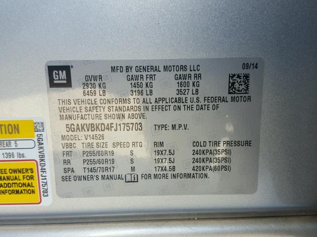 5GAKVBKD4FJ175703 - 2015 BUICK ENCLAVE GRAY photo 10