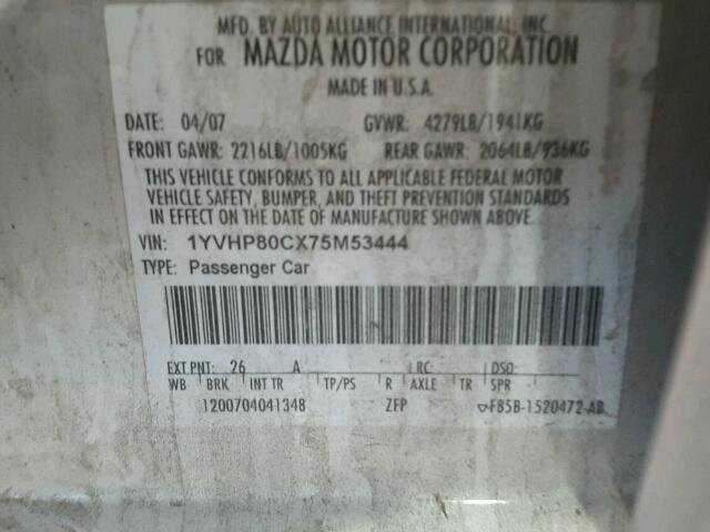 1YVHP80CX75M53444 - 2007 MAZDA 6 GRAY photo 10