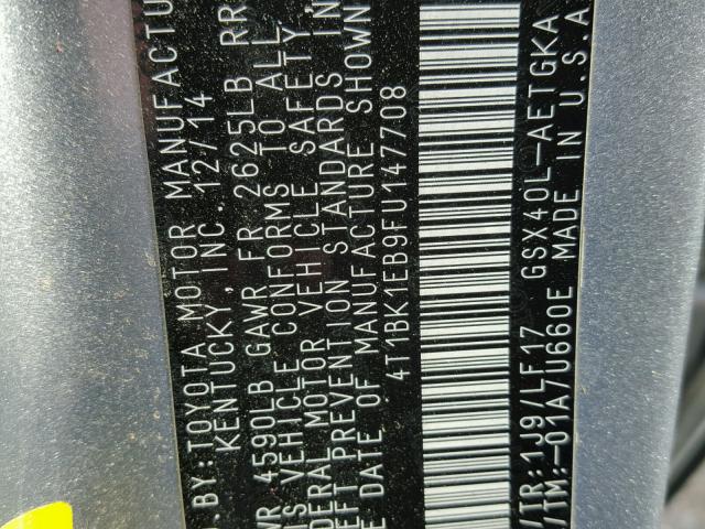 4T1BK1EB9FU147708 - 2015 TOYOTA AVALON XLE 银色 照片 10