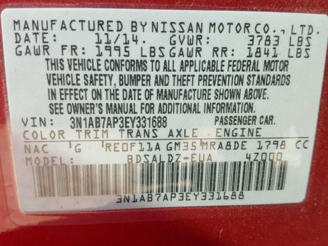 3N1AB7AP3EY331688 - 2014 NISSAN SENTRA S RED photo 10