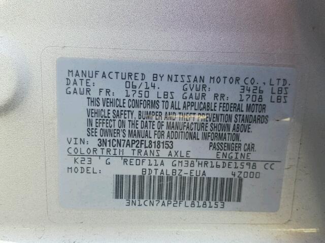 3N1CN7AP2FL818153 - 2015 NISSAN VERSA S SILVER photo 10