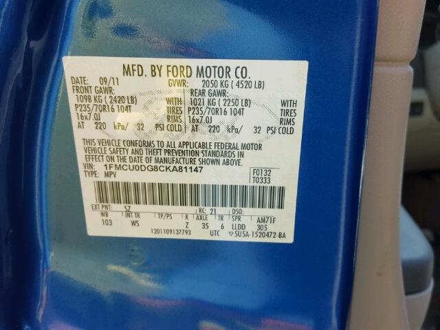 1FMCU0DG8CKA81147 - 2012 FORD ESCAPE XLT BLUE photo 10