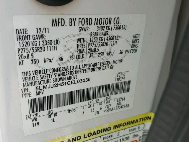 5LMJJ2H51CEL03236 - 2012 LINCOLN NAVIGATOR WHITE photo 10