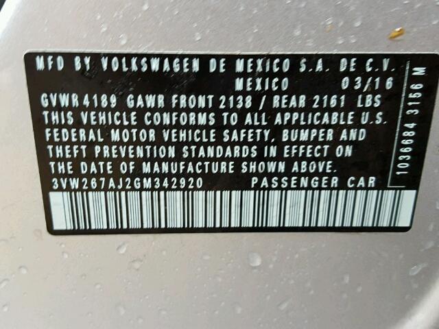 3VW267AJ2GM342920 - 2016 VOLKSWAGEN JETTA S 银色 照片 10