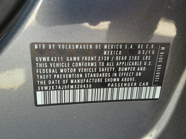 3VW2K7AJ9FM320438 - 2015 VOLKSWAGEN JETTA BASE Մոխրագույն լուսանկար 10