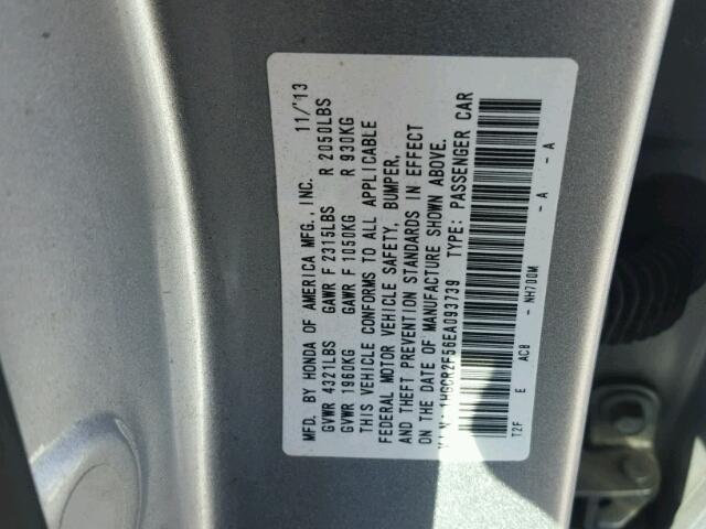 1HGCR2F56EA093739 - 2014 HONDA ACCORD SPO SILVER photo 10