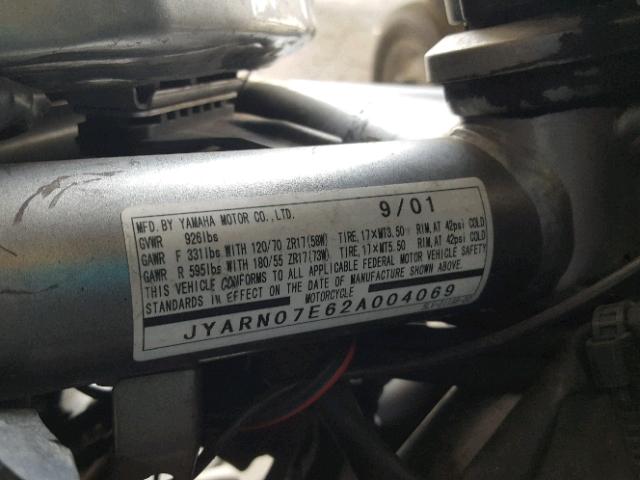 JYARN07E62A004069 - 2002 YAMAHA FZS10 GRAY photo 10