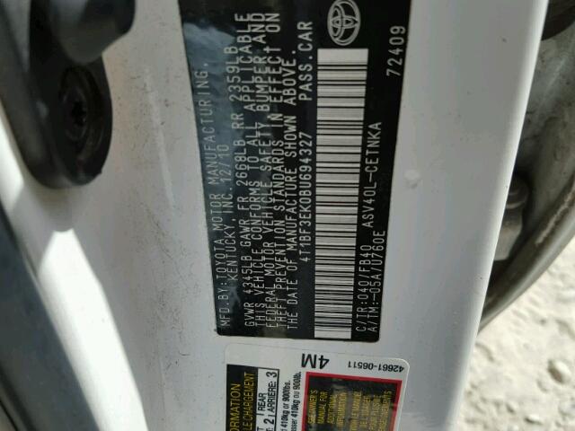 4T1BF3EK0BU694327 - 2011 TOYOTA CAMRY BASE WHITE photo 10