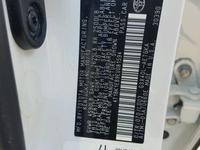 4T1BK1EB9EU081594 - 2014 TOYOTA AVALON BAS Weiß Foto 10