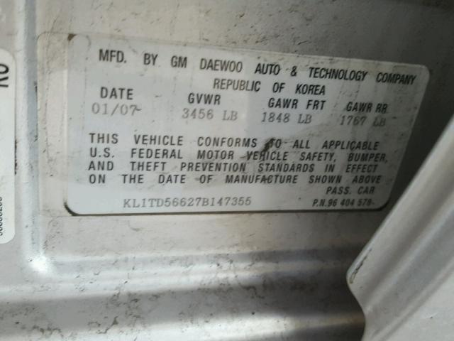 KL1TD56627B147355 - 2007 CHEVROLET AVEO BASE Күміс фото 10