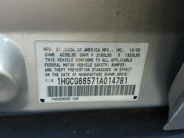 1HGCG66571A014781 - 2001 HONDA ACCORD LX SILVER photo 10