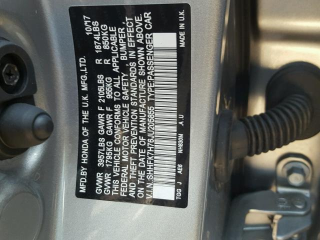 SHHFK7H76JU205855 - 2018 HONDA CIVIC EXL SILVER photo 10