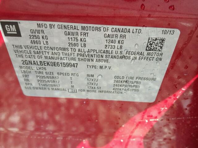 2GNALBEK0E6159947 - 2014 CHEVROLET EQUINOX LT RED photo 10