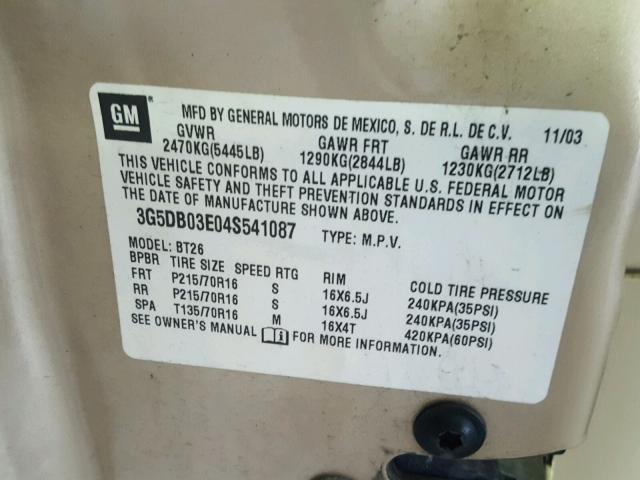 3G5DB03E04S541087 - 2004 BUICK RENDEZVOUS GOLD photo 10