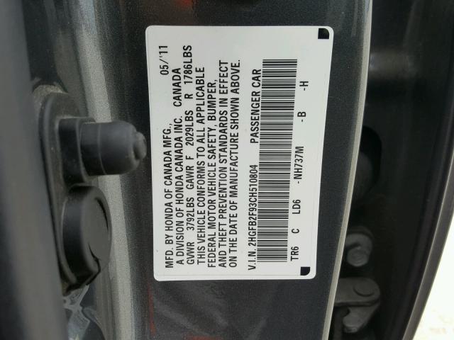 2HGFB2F93CH510804 - 2012 HONDA CIVIC EXL 灰色 照片 10