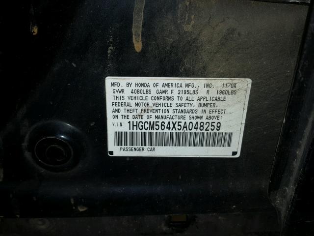 1HGCM564X5A048259 - 2005 HONDA ACCORD BLACK photo 10