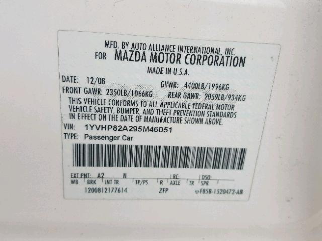 1YVHP82A295M46051 - 2009 MAZDA 6 I Beyaz fotoğraf 10