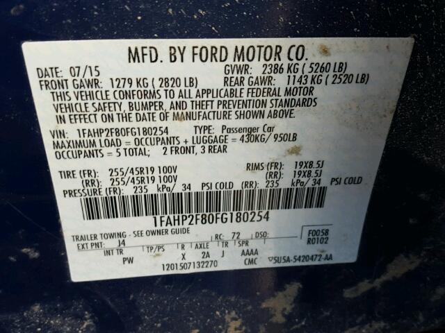 1FAHP2F80FG180254 - 2015 FORD TAURUS BLUE photo 10