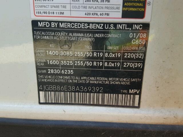 4JGBB86E38A369392 - 2008 MERCEDES-BENZ ML 350 WHITE photo 10