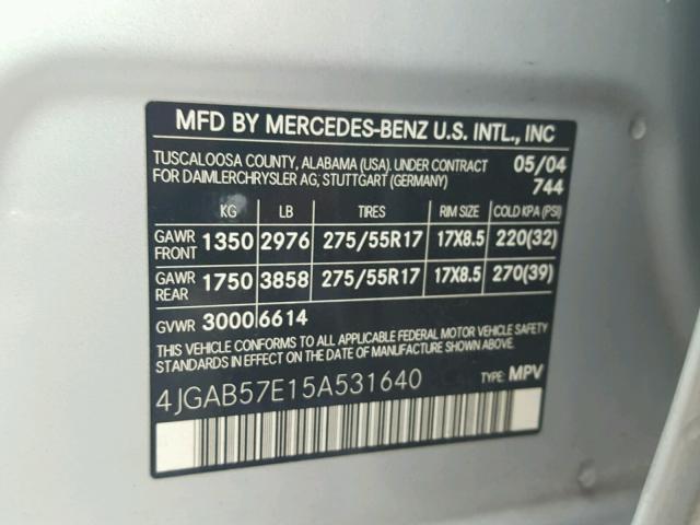 4JGAB57E15A531640 - 2005 MERCEDES-BENZ ML 350 SILVER photo 10