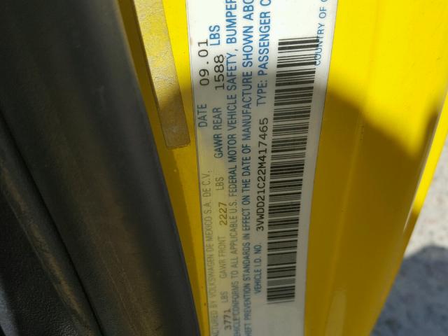 3VWDD21C22M417465 - 2002 VOLKSWAGEN NEW BEETLE 黄色 照片 10