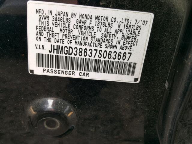 JHMGD38637S063667 - 2007 HONDA FIT S BLACK photo 10