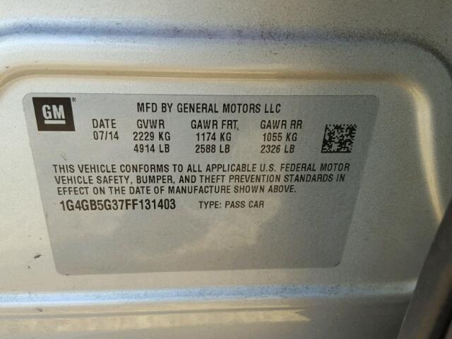 1G4GB5G37FF131403 - 2015 BUICK LACROSSE SILVER photo 10