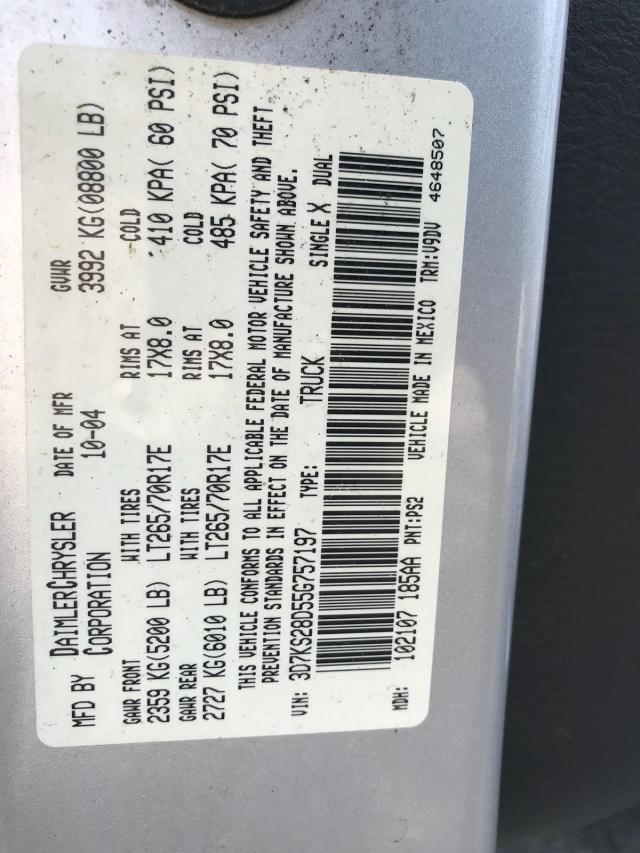 3D7KS28D55G757197 - 2005 DODGE RAM 2500 S SILVER photo 10