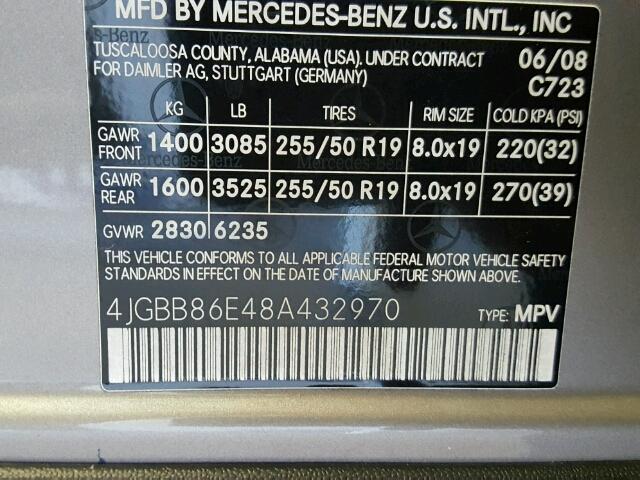 4JGBB86E48A432970 - 2008 MERCEDES-BENZ ML 350 GRAY photo 10