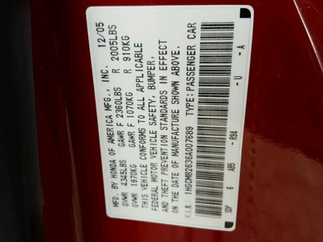 1HGCM82636A007689 - 2006 HONDA ACCORD EX RED photo 10