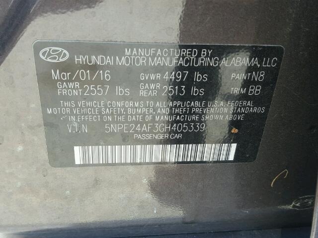 5NPE24AF3GH405339 - 2016 HYUNDAI SONATA SE GRAY photo 10